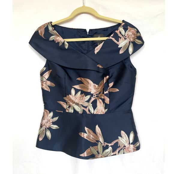 Adrianna Papell Navy Floral Jaquard Formal Party Peplum Top Mother of Bride, 10 - Picture 3 of 7